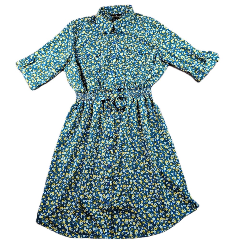 Millenium‎ Shirt Dress Womens Medium Blue Floral Roll Tab Sleeve Button Front